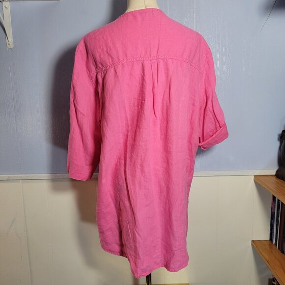 Company Ellen Tracy Extra Large Pink Peony Zippered V Neck Roll Tab Linen Blouse - Picture 6 of 13